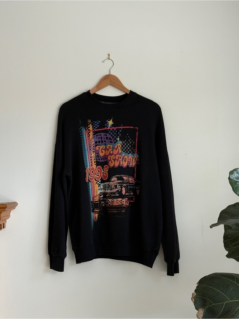 Harlow Black Crewneck Sweater with Retro Multicolor Car Graphic